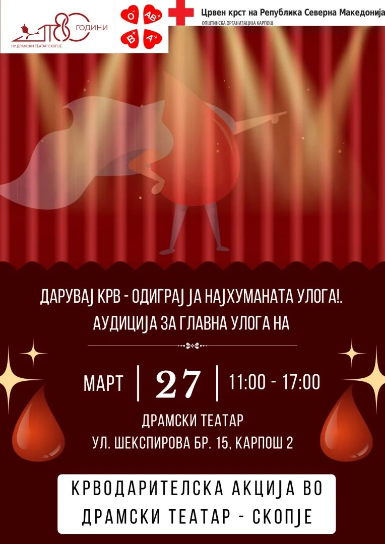 Драмскиот театар ќе го одбележи  Светскиот ден на театарот со крводарителска акција
