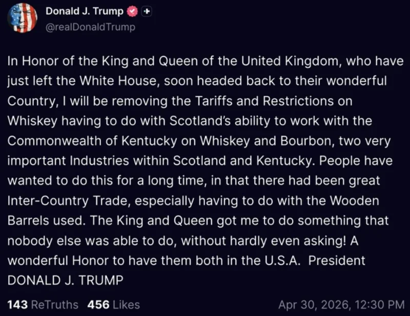 Трамп ги укинува царините за шкотското виски: „Во чест на кралот и кралицата“