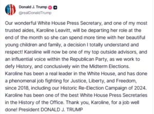 Трамп објави заминување на портпаролката на Белата куќа, Каролин Ливит