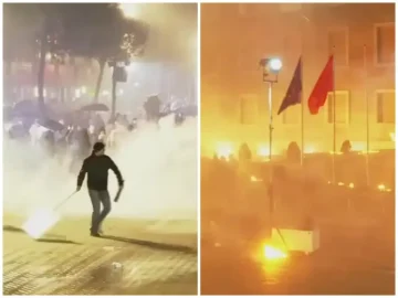 (ВИДЕО) ГОРИ ТИРАНА, ДЕМОНСТРАНТИТЕ САКАА ДА ГО ЗАПАЛАТ КАБИНЕТОТ НА РАМА: Молотови коктели, водени топови и 1.300 полицајци, десетина повредени и уапсени