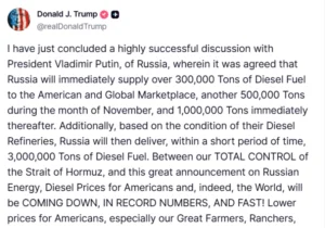 Трамп: Русија ќе испорача повеќе милиони тони дизел за САД и светскиот пазар