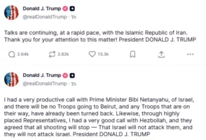 Трамп: Преговорите со Иран забрзано продолжуваат, Израел и Хезболах го прекинуваат конфликтот