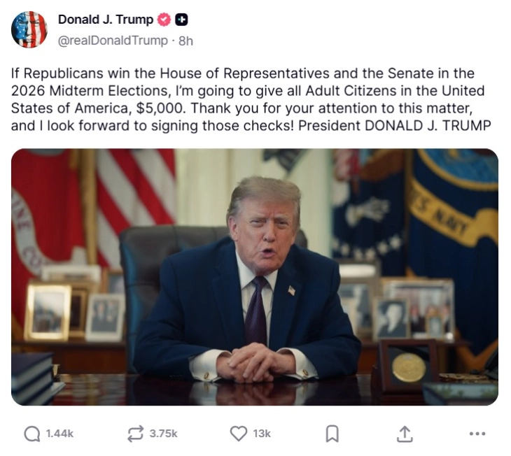 Трамп: На сите полнолетни граѓани на САД ќе им дадам по 5.000 долари доколку републиканците победат на среднорочните избори