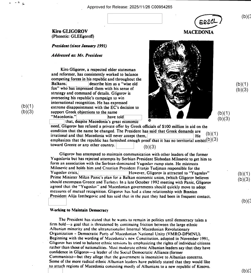 Декласифицирани документи на ЦИА: Киро Глигоров одбил понуда од 100 милиони долари за промена на името во 1992 година