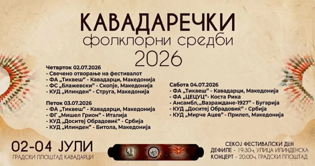 Од 2 до 4 јули ќе се одржи Меѓународниот фестивал „Кавадаречки фолклорни средби 2026“