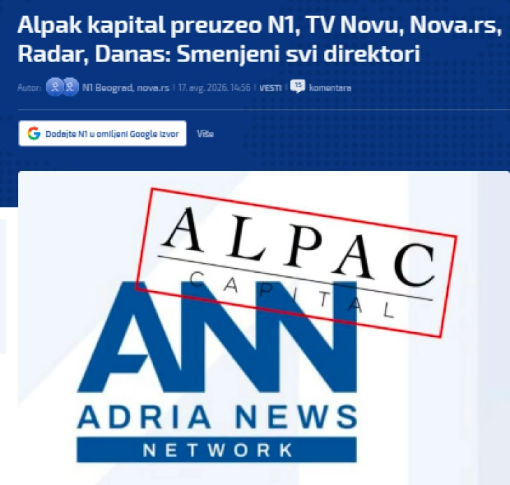 „Алпак капитал“ ги презеде во Србија Н1, ТВ Нова, Nova.rs, Радар, Данас: Сите директори сведнаш сменети