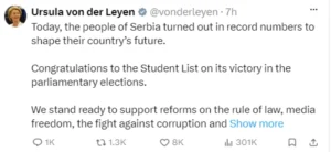 ЕУ предлага поблиска соработка со Србија по победата на Студентската листа на парламентарните избори
