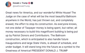 Суд одби барање да се запре проектот на Трамп за сала за бал во Белата куќа