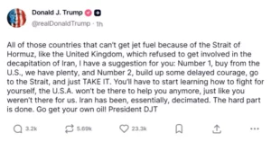 Земјите што не помогнаа во нападите врз Иран, Трамп ги повика „сами да ја земат нафтата“ од Ормуската Теснина