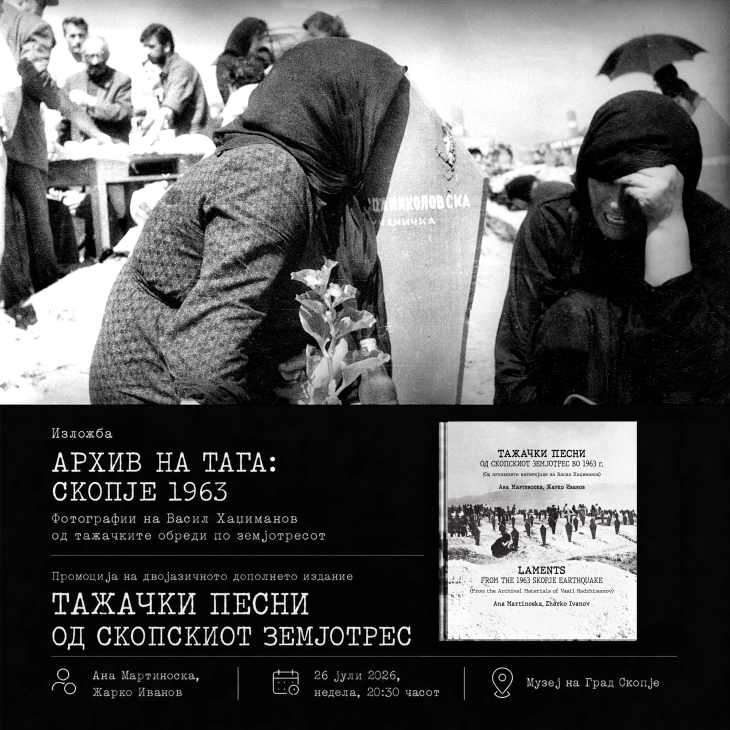 Изложба „Архив на тага: Скопје 1963″ и промоција на дополнетото и двојазично издание на книгата „Тажачки песни од скопскиот земјотрес во 1963 г. (Од архивските материјали на Васил Хаџиманов)“