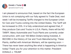 Трамп соопшти дека ќе ги зголеми царините за автомобили и камиони од ЕУ на 25 отсто