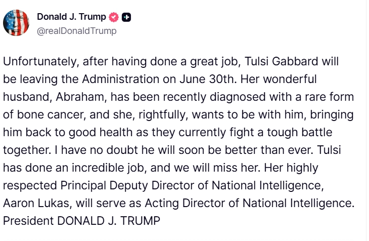 Трамп потврди дека директорката на националното разузнавање на СД поднесе оставка