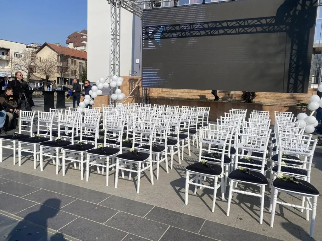 (Фото) 63 празни столчиња за 63 животи поставени во паркот во Кочани