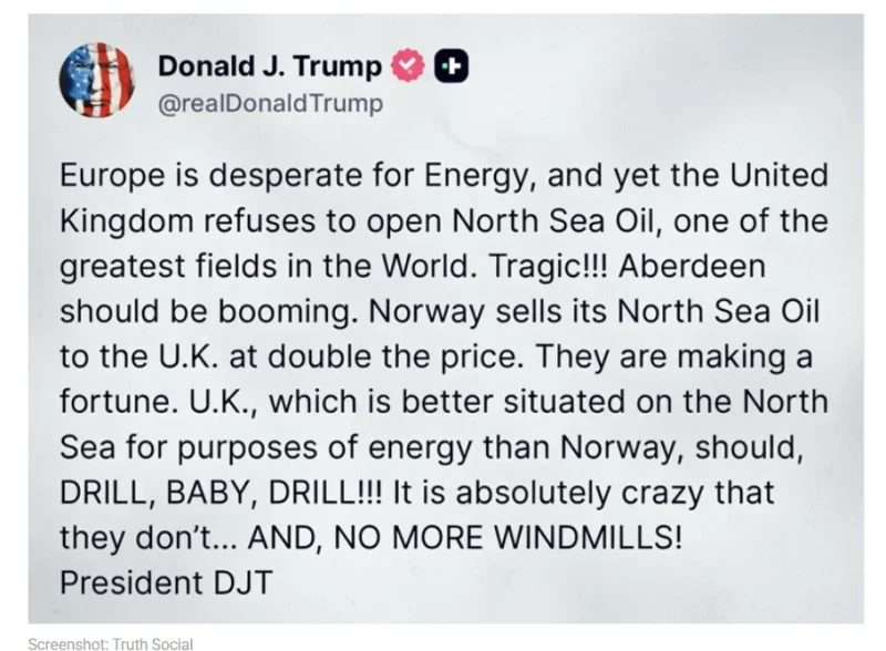 Трамп: На Европа очајно ѝ е потребна енергија, Велика Британија треба да дупчи, бејби, да дупчи