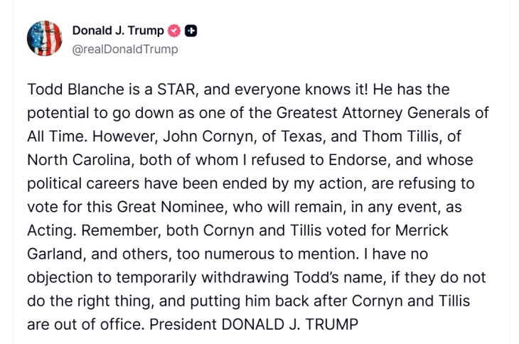Трамп изјави дека постои можност привремено да ја повлече номинацијата на Тод Бланш за министер за правда