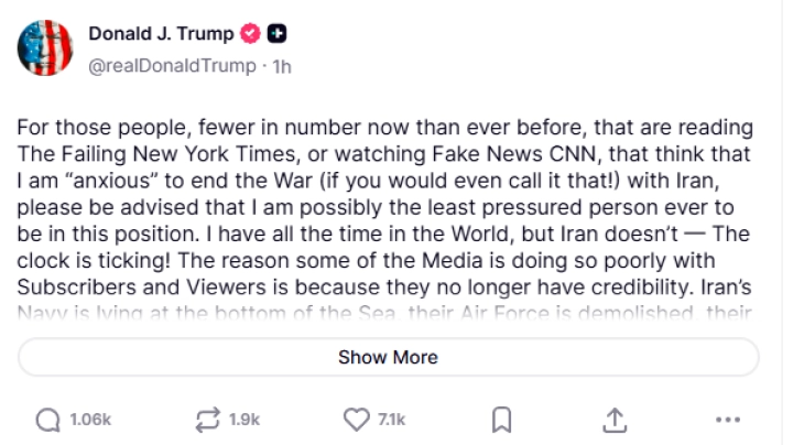 Трамп: Го имам „сето време на светот“ за договор со Иран, што не е случај со Техеран