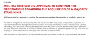 САД го продолжија рокот за MOЛ да го купи НИС до 22 мај