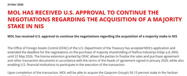 САД го продолжија рокот за MOЛ да го купи НИС до 22 мај