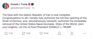 Трамп потврди дека е постигнат договор со Иран за прекин на војната и отворање на Ормуската Теснина