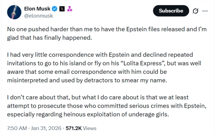 Реакција на Маск по објавата на документите за Епстин во кои се споменува неговото име