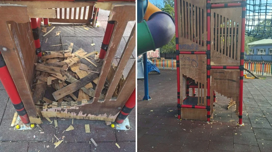 (Фото) Вандализирано детско игралиште во Карпош 1