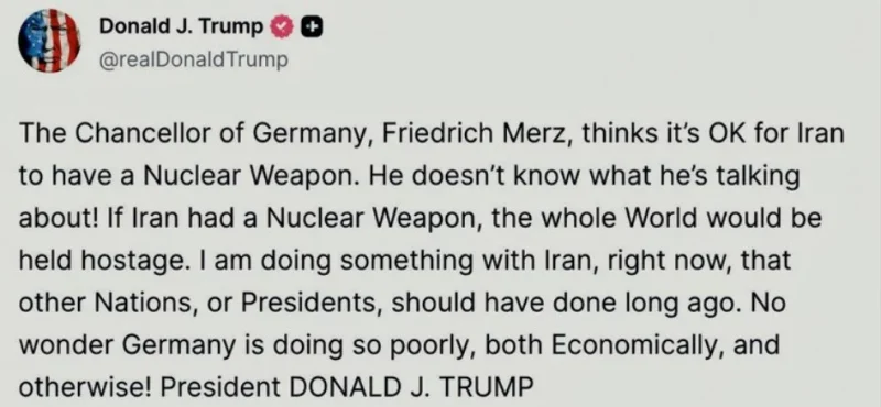 Мерц: Tимот на Трамп е надигран во преговорите со Иран; Пристигна жесток одговор од американскиот претседател