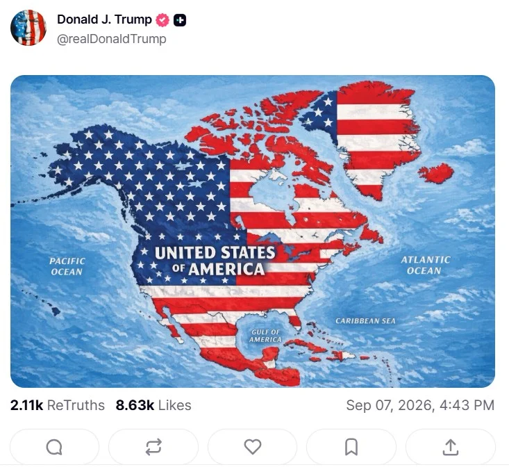Трамп објави нова мапа на Северна Америка: Мексико, Канада и Гренланд се дел од САД