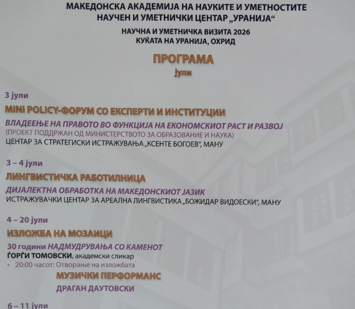 Богата научна и уметничка програма во Куќата „Уранија“ во Охрид во рамките на Научна и уметничка визита 2026
