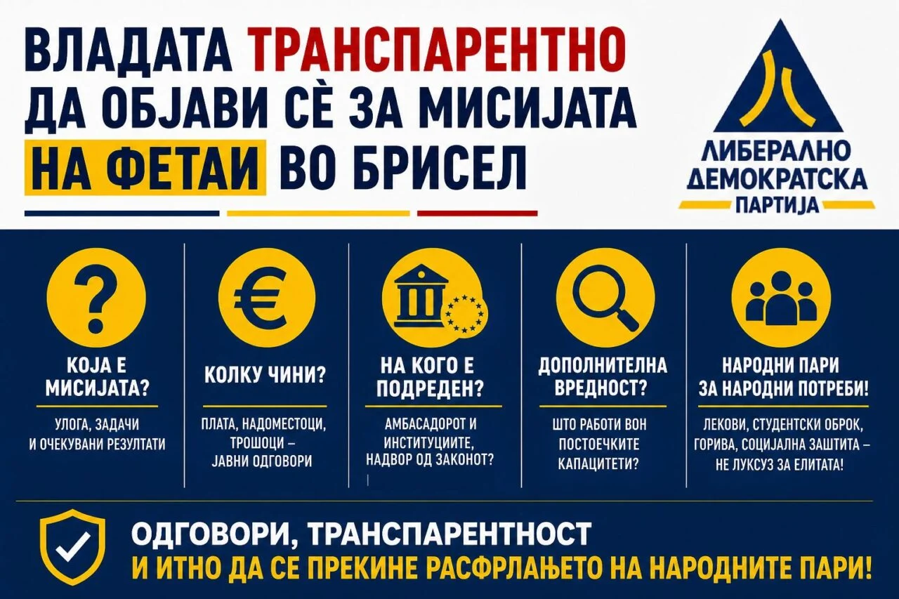 ЛДП бара од Владата транспарентно да објави сѐ за мисијата на Фетаи во Брисел