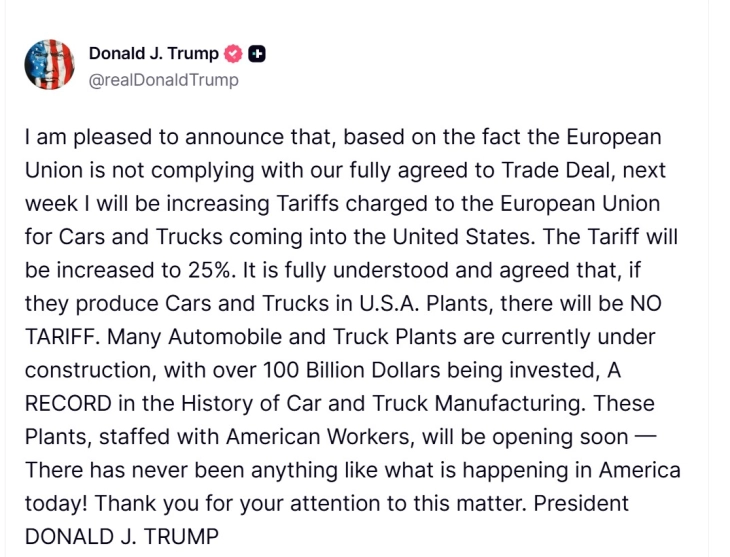 Трамп соопшти дека ќе ги зголеми царините за автомобили и камиони од ЕУ на 25 отсто