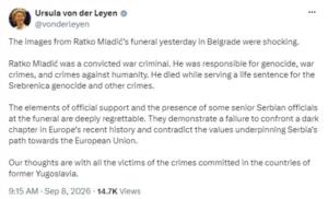 Фон дер Лајен: Шокантни беа сцените од погребот на Младиќ во Белград